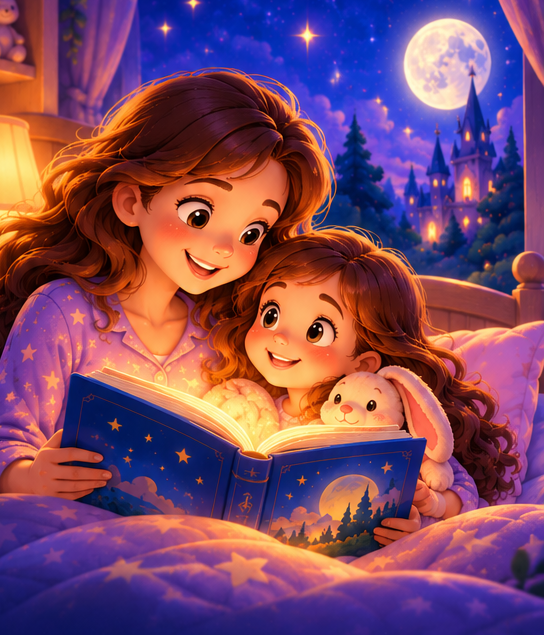 A mother and her young daughter cuddled in bed, reading a magical storybook together under a moonlit sky